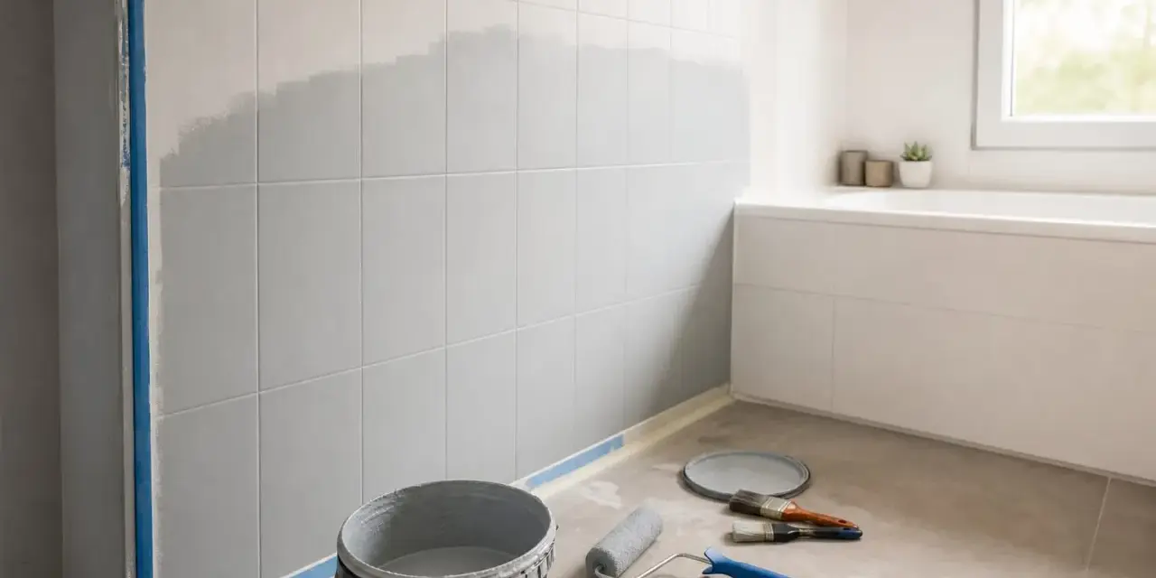 Rénovation de salle de bain : on est en train de repeindre le carrelage mural en gris. Matériel de peinture au sol.