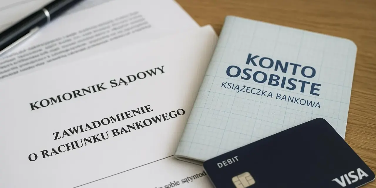 Dokumenty komornicze, książeczka "Konto Osobiste" i karta debetowa. Szybko komornik znajdzie nowe konto, gdy dane są aktualne.