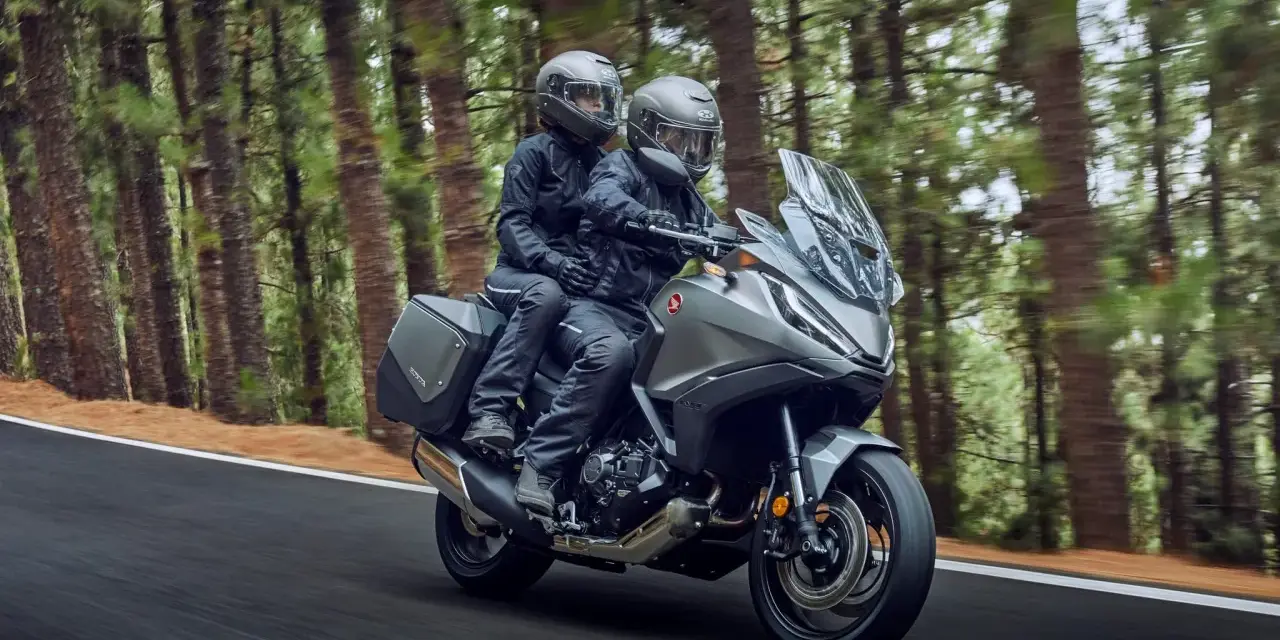 Pareja en moto, disfrutando de un viaje por un bosque. La moto, su primera moto, es gris y moderna, con alforjas.