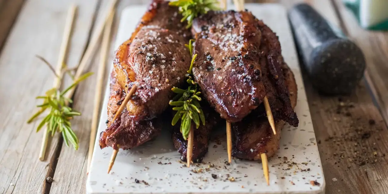 Brochettes de magret de canard marinées, garnies de romarin frais et saupoudrées de gros sel. Un délice à partager.