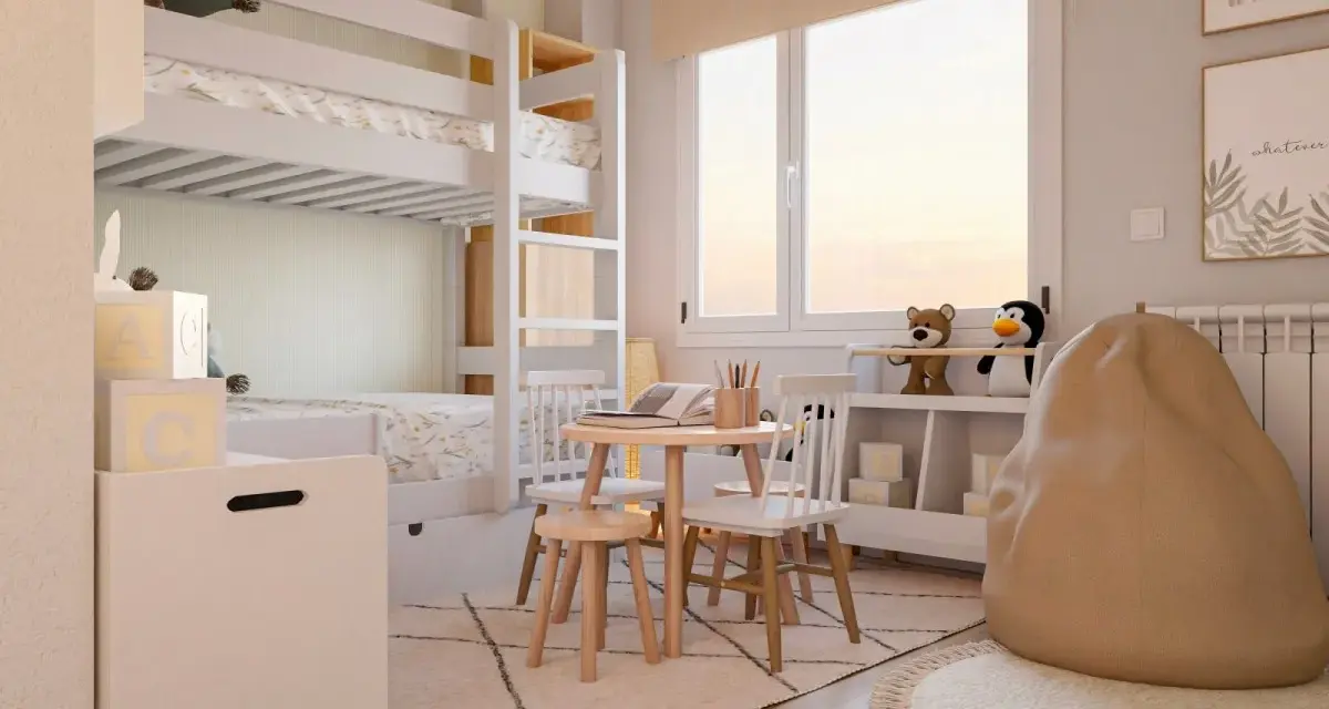 Habitación infantil con litera, ideal para como dividir una habitación para niño y niña. Zona de juegos con mesa y sillas, y un cómodo puf.