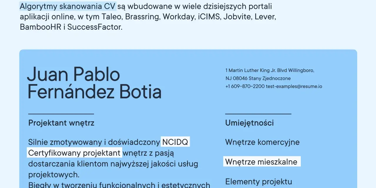 CV Juan Pablo Fernández Botia, projektanta wnętrz, z certyfikatem NCIDQ. Algorytmy ATS analizują CV, by znaleźć dopasowanych kandydatów.