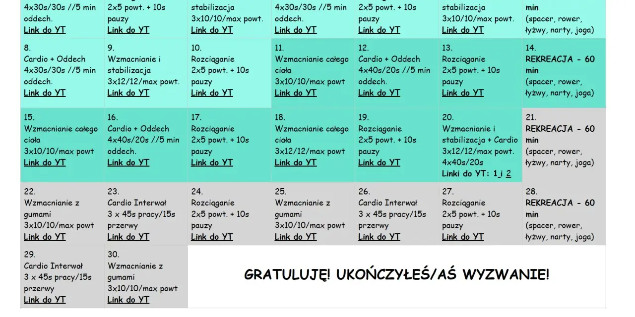Plan 30-dniowego wyzwania treningowego w domu, z ćwiczeniami i linkami do nauki rysunku.