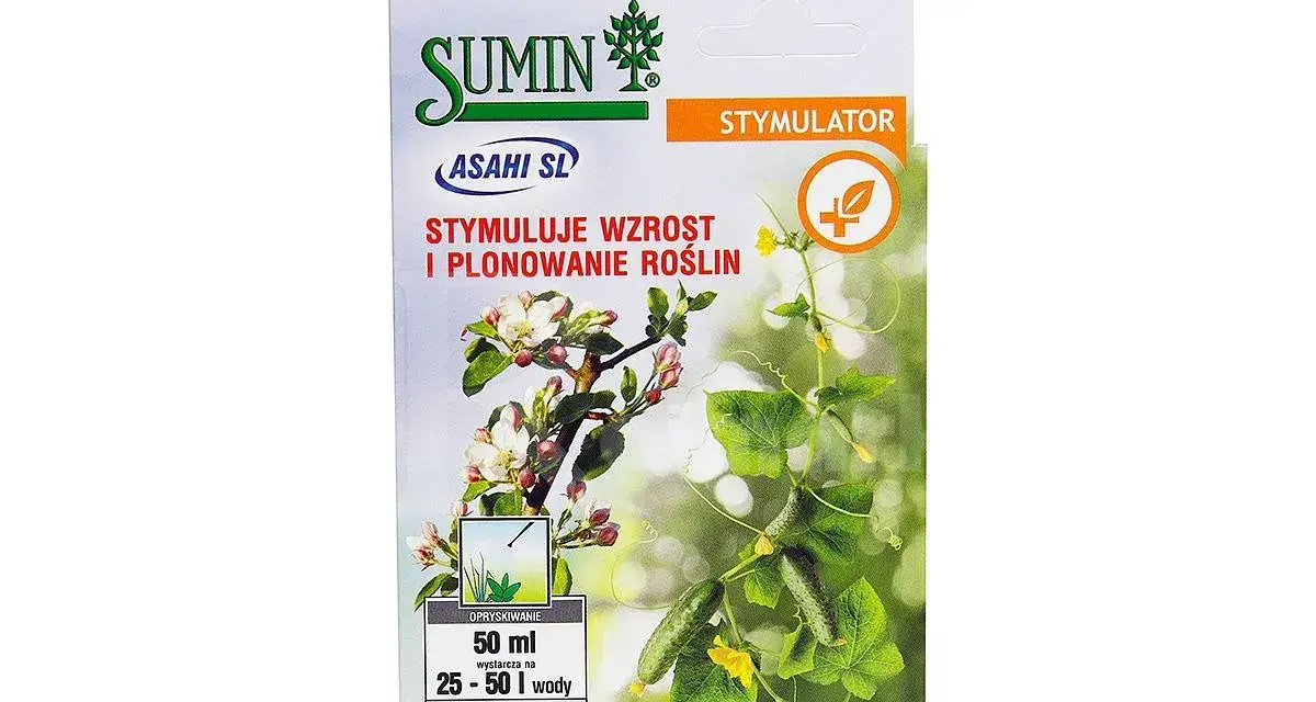 Opakowanie stymulatora Asahi SL. Stosować do pobudzania wzrostu i plonowania roślin, np. jabłoni i ogórków.