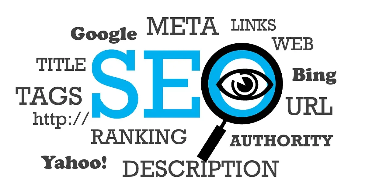 SEO-Begriffe wie Google, Bing, Links, Tags und die Bedeutung eines guten meta-Tags werden durch eine Lupe mit einem Auge hervorgehoben.