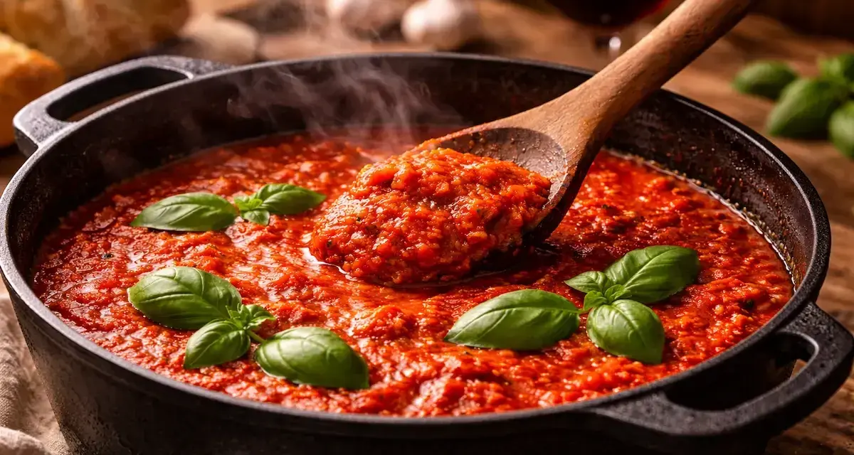 Une cuillère en bois sert une généreuse portion de sauce tomate maison fumante, garnie de basilic frais.