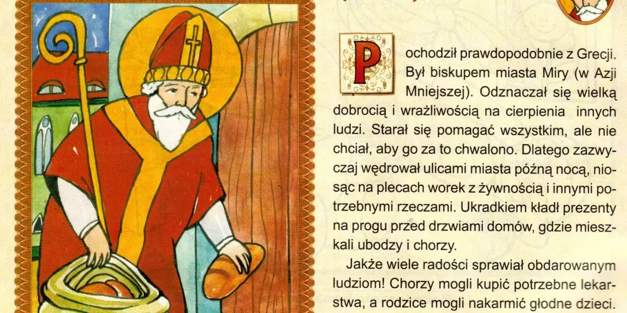 Ilustracja z baśni o św. Mikołaju: biskup z laską i workiem pełnym chleba, który obdarowuje potrzebujących.