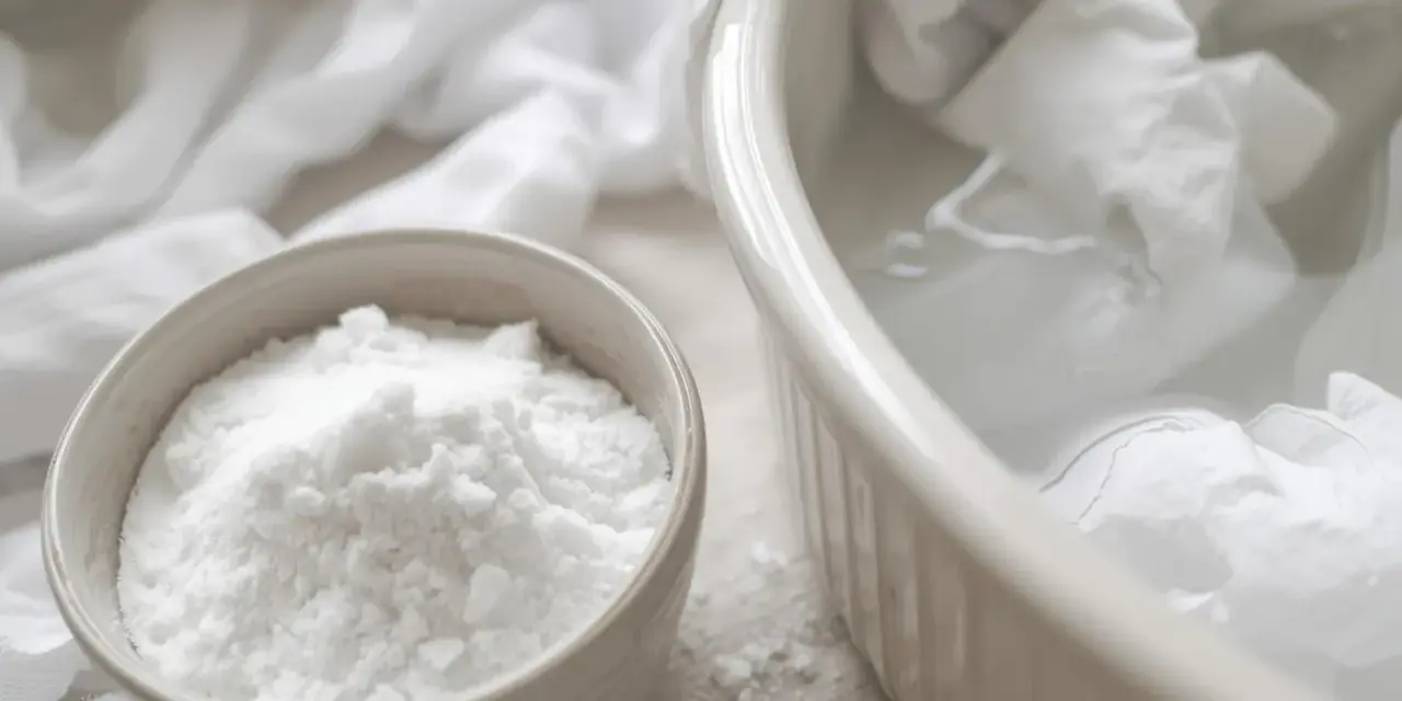 Un bol de bicarbonate de soude à côté d'un plat rempli d'eau et de linge blanc. Idéal pour éliminer les taches jaunes.