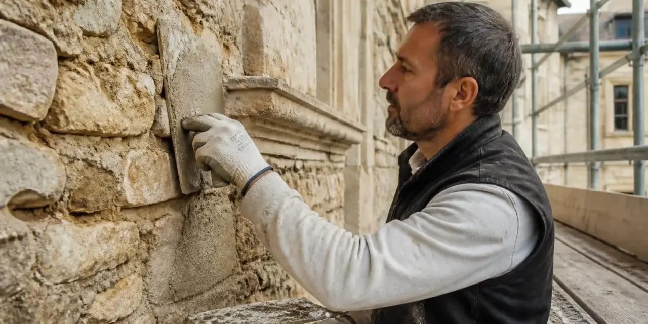 Un artisan applique du mortier sur un mur en pierre pour rénover une maison ancienne. L'échafaudage indique que le travail est en cours.