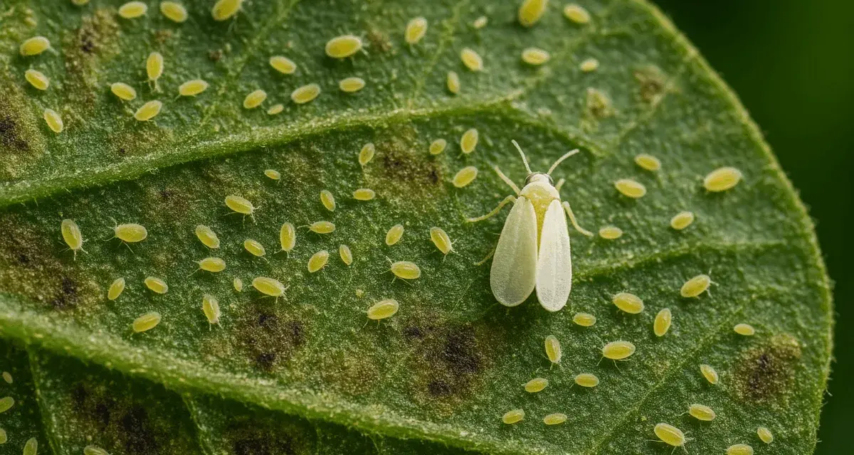 Una mosca blanca adulta y muchas ninfas cubren una hoja verde. Aprende cómo eliminar la mosca blanca de las plantas para proteger tu jardín.