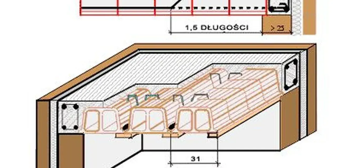 Schemat stropu Ackermana z pustakami ceramicznymi i zbrojeniem. Widok przekroju i perspektywy.