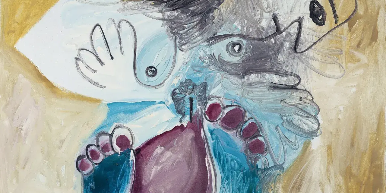 Fakta om Picasso: En målning med en abstrakt figur, med framträdande fötter och en hand.