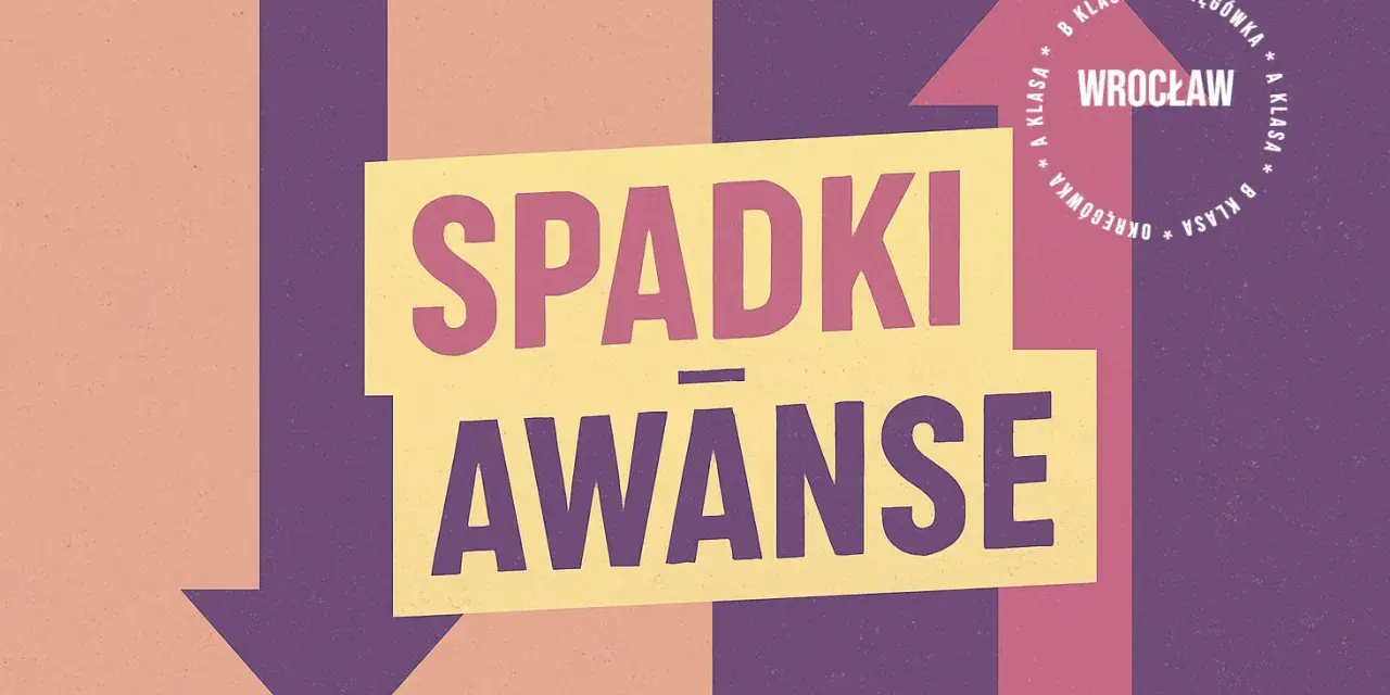 Grafika o spadkach i awansach w piłce nożnej, z hasłem "SPADKI AWANSE" i informacją o klasach rozgrywkowych we Wrocławiu.