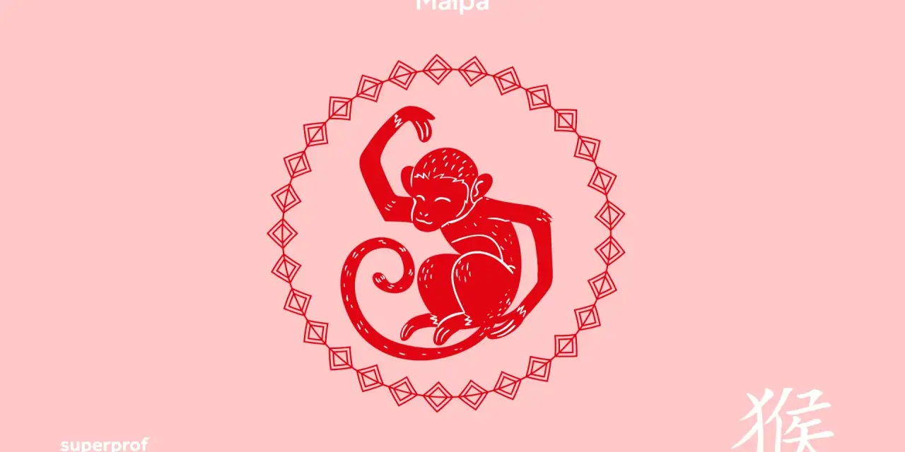 Czerwona, stylizowana małpa w okręgu z geometrycznym wzorem. Obok napis "Małpa" i chiński znak. To 1980 chiński znak zodiaku.