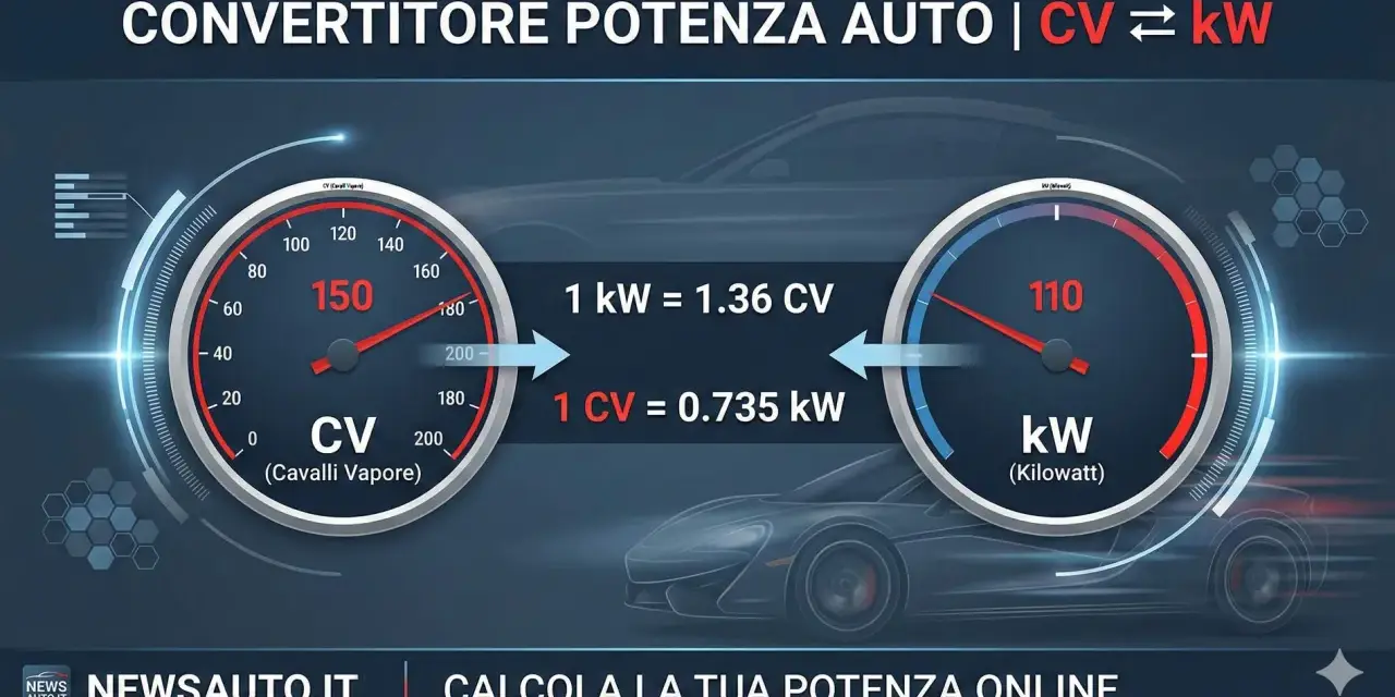 Due tachimetri mostrano la conversione tra CV (Cavalli Vapore) e kW. Uno indica 150 CV, l'altro 110 kW, con le formule di conversione.
