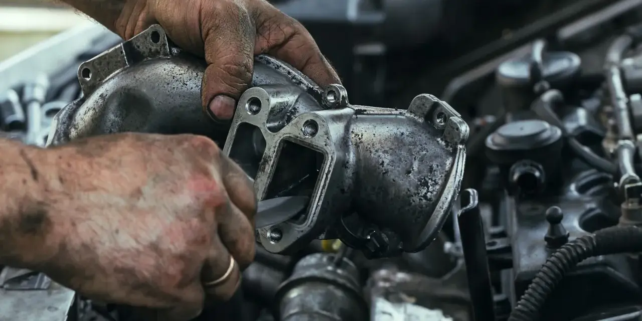 Mechanik czyści element układu recyrkulacji spalin, podejrzewając nadmierny przepływ.