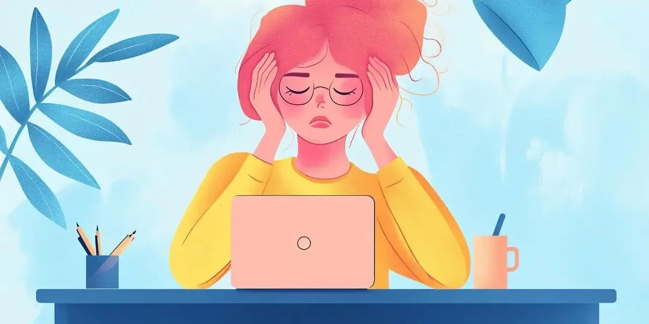 Ragazza con capelli rosa e occhiali, mani sulle tempie, davanti a un laptop. Sembra esausta, uno dei tanti sintomi di lavorare troppo.
