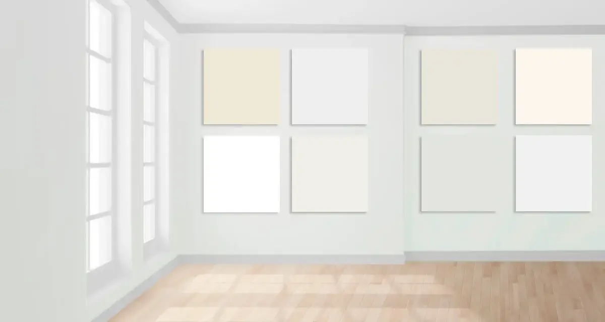 Paleta de colores para paredes: blanco roto, blanco y otros tonos claros.