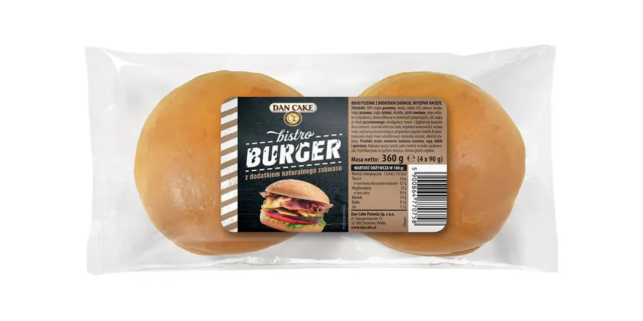 Dwie bułki do burgerów w opakowaniu, z etykietą z wizerunkiem burgera.