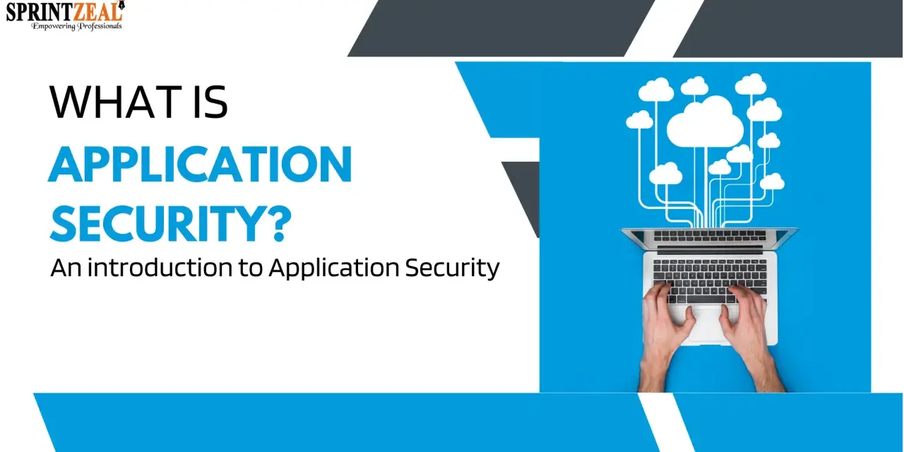 An introduction to application security meaning: hands typing on a laptop connected to cloud icons, illustrating secure data flow.