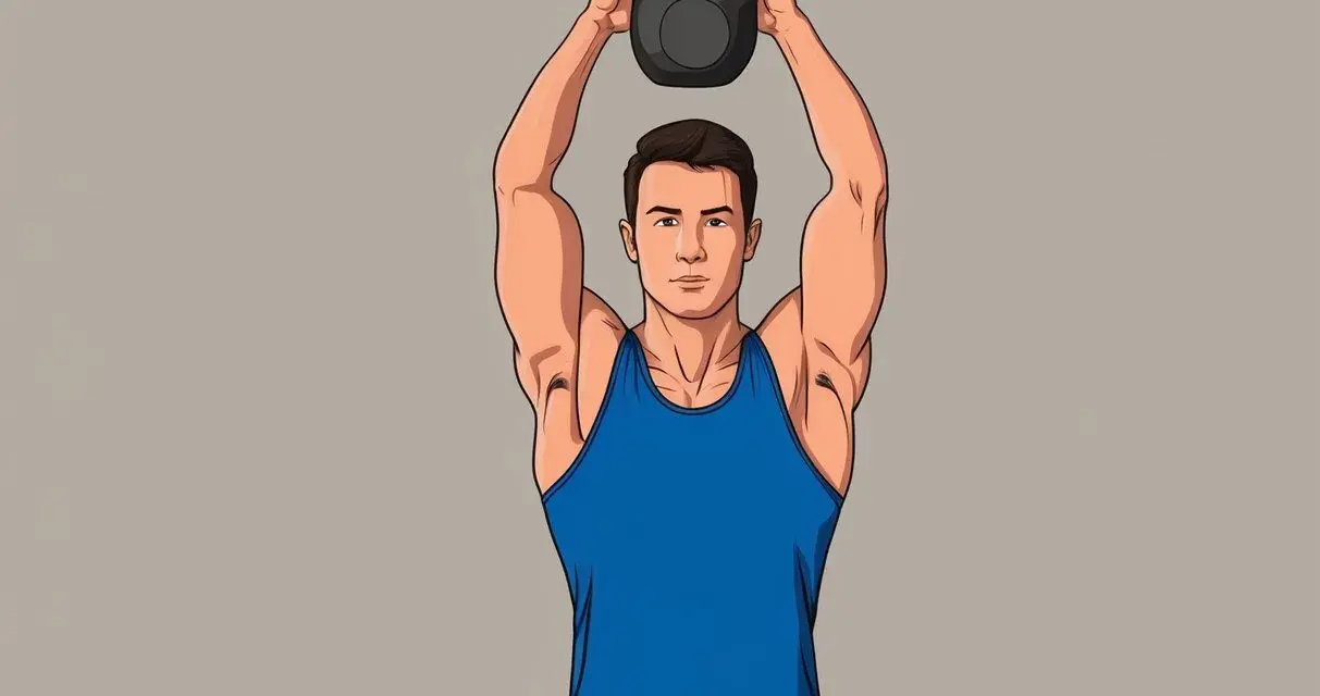 Man i blått linne lyfter en kettlebell över huvudet, en del av en kettlebell snatch-rörelse.