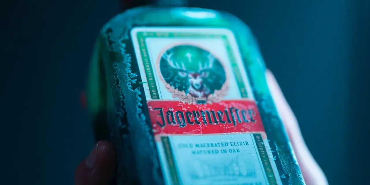 Zimna butelka Jägermeistera, znanego jako "zimny macerowany eliksir dojrzewający w dębie", z charakterystycznym jeleniem na etykiecie.