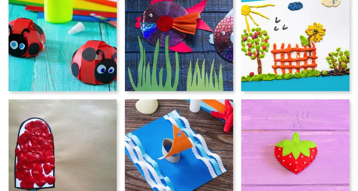 Manualidades de verano: mariquitas de cartulina, peces de CD, paisaje de plastilina, helado, barco y fresa.