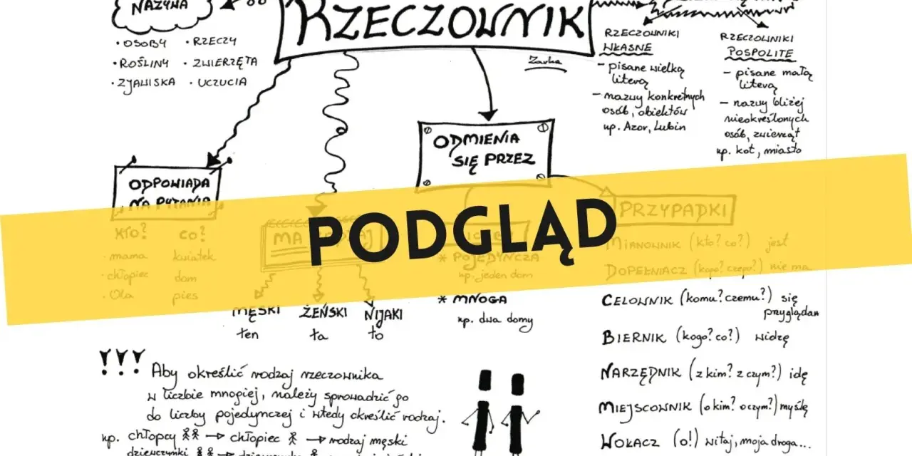 Podgląd rzeczownika: nazwy, odmiana przez przypadki, rodzaje (męski, żeński, nijaki), liczby (pojedyncza, mnoga). Rzeczowniki dzielą się na własne i pospolite.