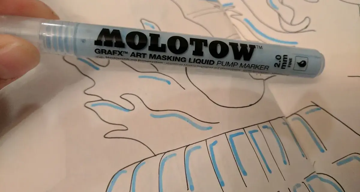 A hand holds a light blue Molotow Grafx Art Masking Liquid Pump Marker over a drawing.