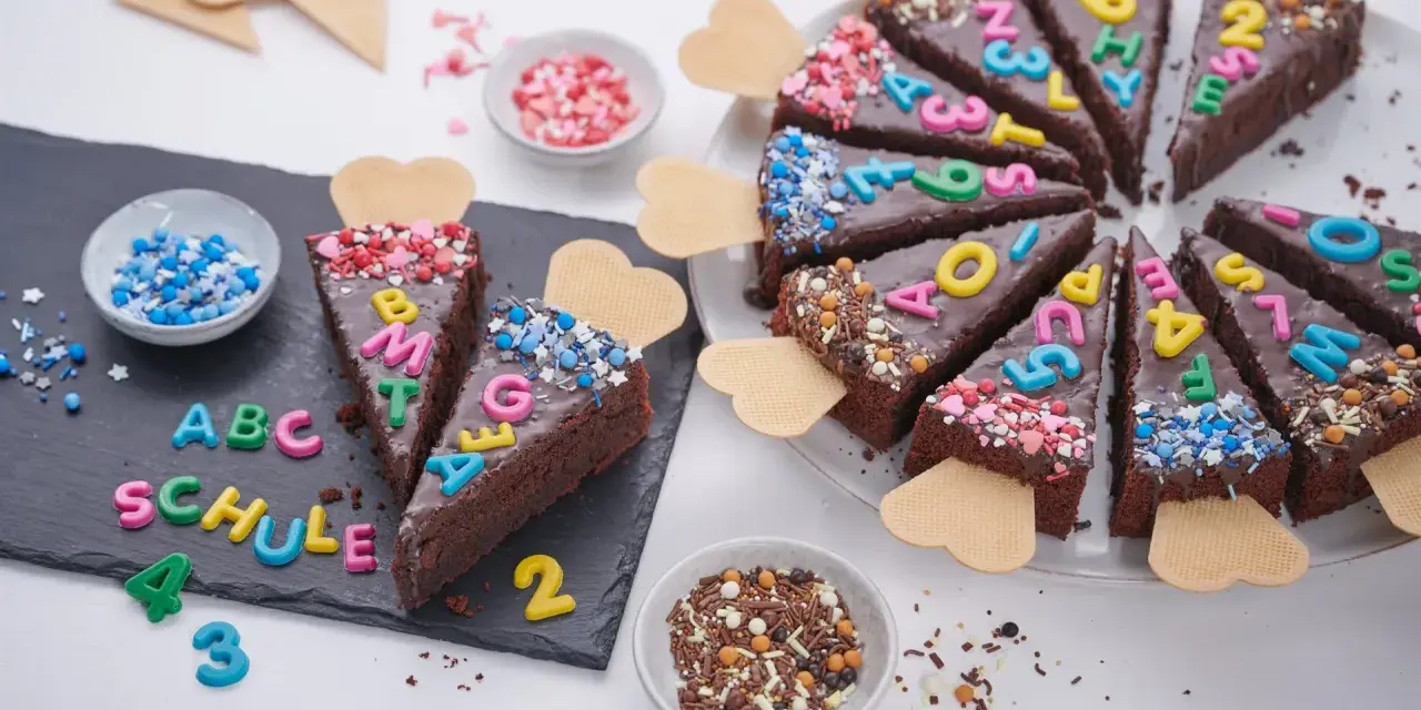 Schokoladenkuchenstücke mit bunten Buchstaben und Zahlen, die "ABC SCHULE" ergeben. Ein perfekter Kuchen zur Einschulung!