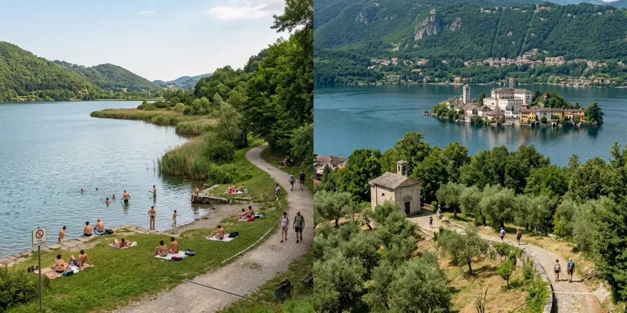 Splendido **lago di Endine** con persone che si rilassano e nuotano. A destra, un'isola con un borgo pittoresco e una chiesetta.