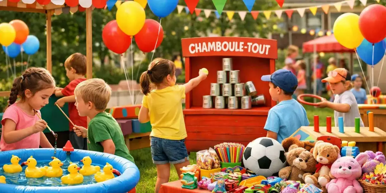 Enfants s'amusant à la kermesse, jeux de chamboule-tout, pêche aux canards, et jouets. 60 idées de jeux pour kermesse.