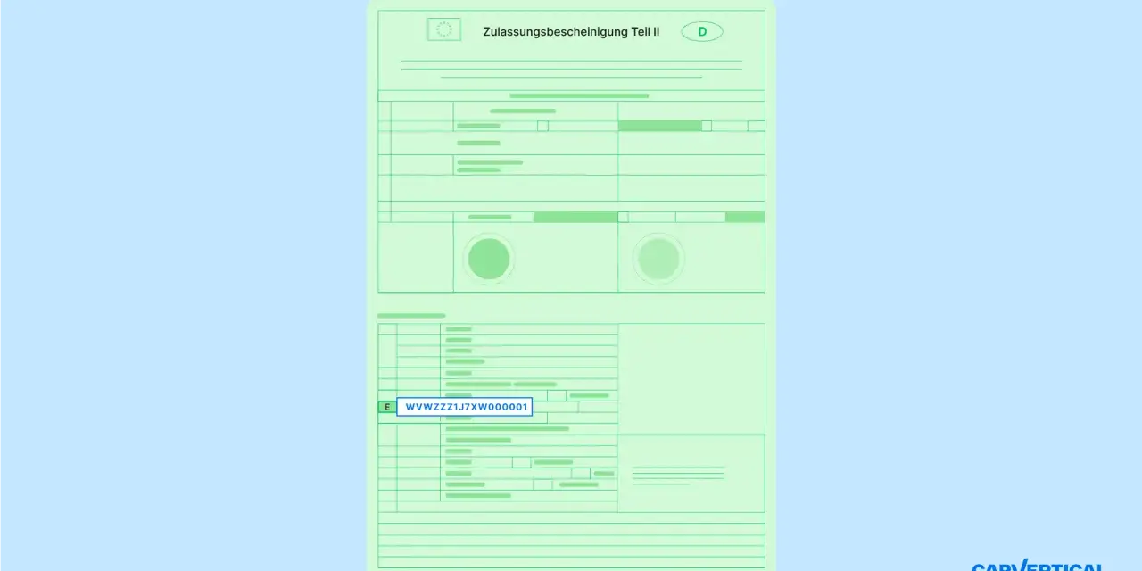 Zulassungsbescheinigung Teil II: Die Fahrgestellnummer WVWZZZ1J7XW000001 ist im Fahrzeugschein hervorgehoben.