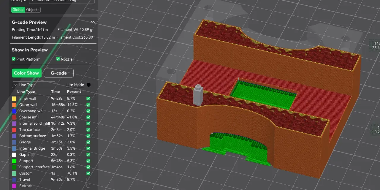 Podgląd modelu 3D w Creality Slicer, pokazujący warstwy wydruku: wypełnienie, ściany i podpory.