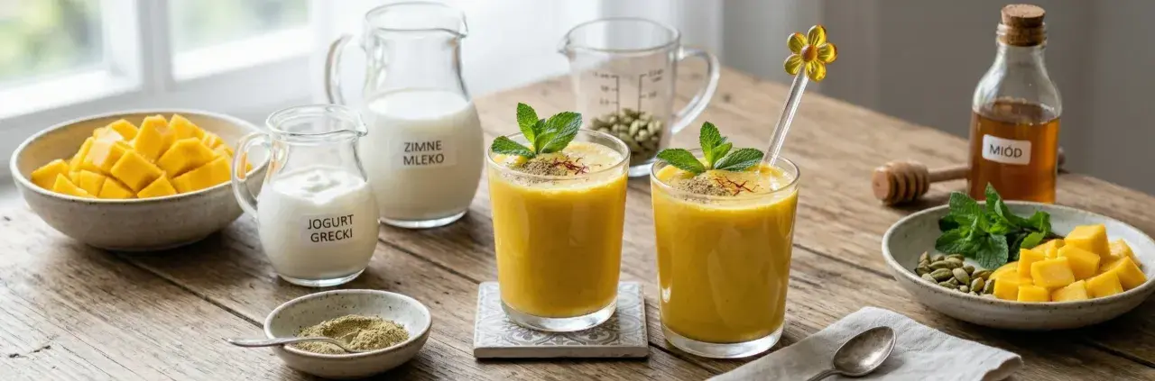 Dwa szklanki orzeźwiającego mango lassi, udekorowane miętą, na drewnianym stole. Obok składniki: pokrojone mango, jogurt, mleko, miód i przyprawy.