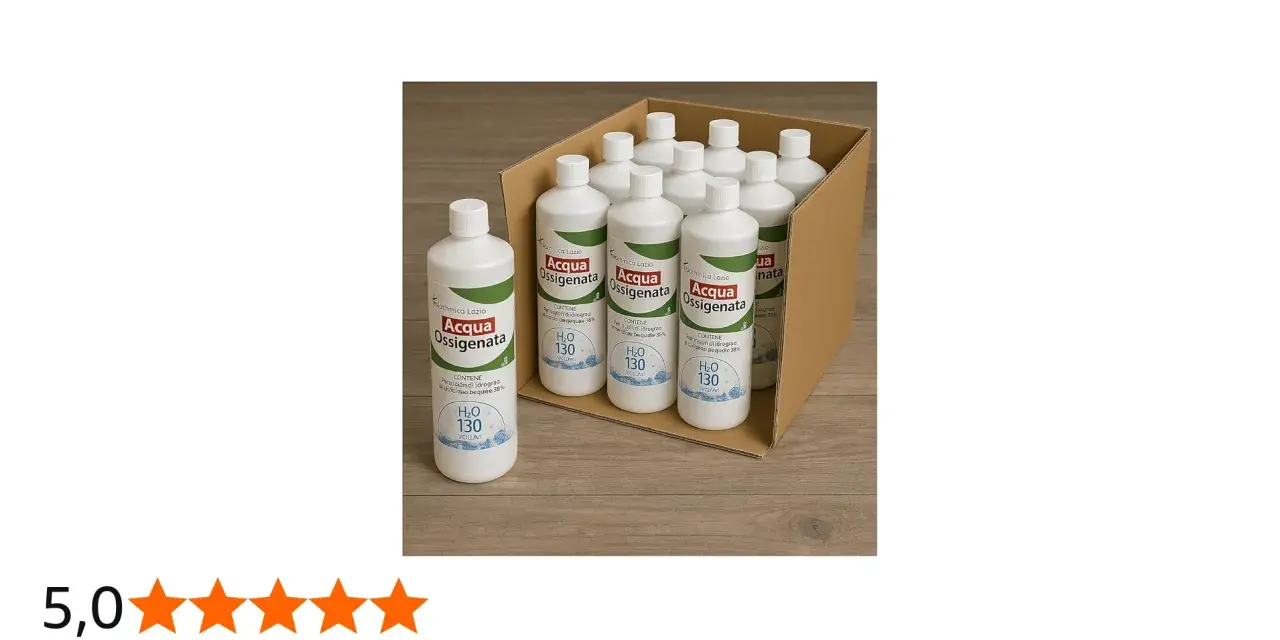 Scatola piena di flaconi di acqua ossigenata, ideale per sverniciare legno con acqua ossigenata.