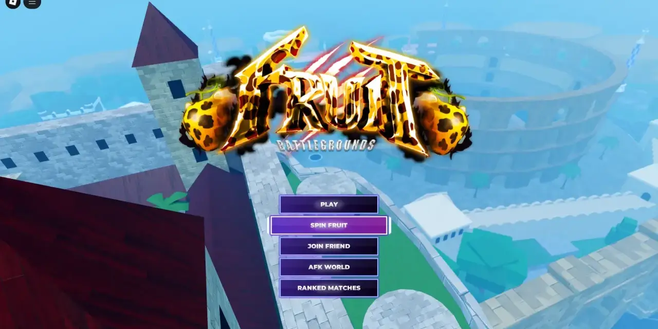 Menu gry Fruit Battlegrounds. Gracze mogą grać, kręcić owocami, dołączać do znajomych, wchodzić do AFK World lub grać w rankingowe mecze.
