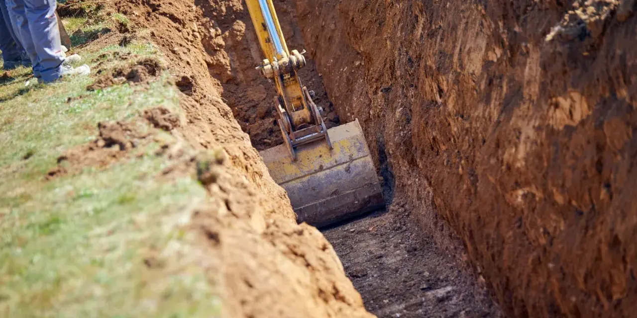 Koparka pogłębia wykop pod garaż. Widać jaki głęboki fundament pod garaż powstaje.
