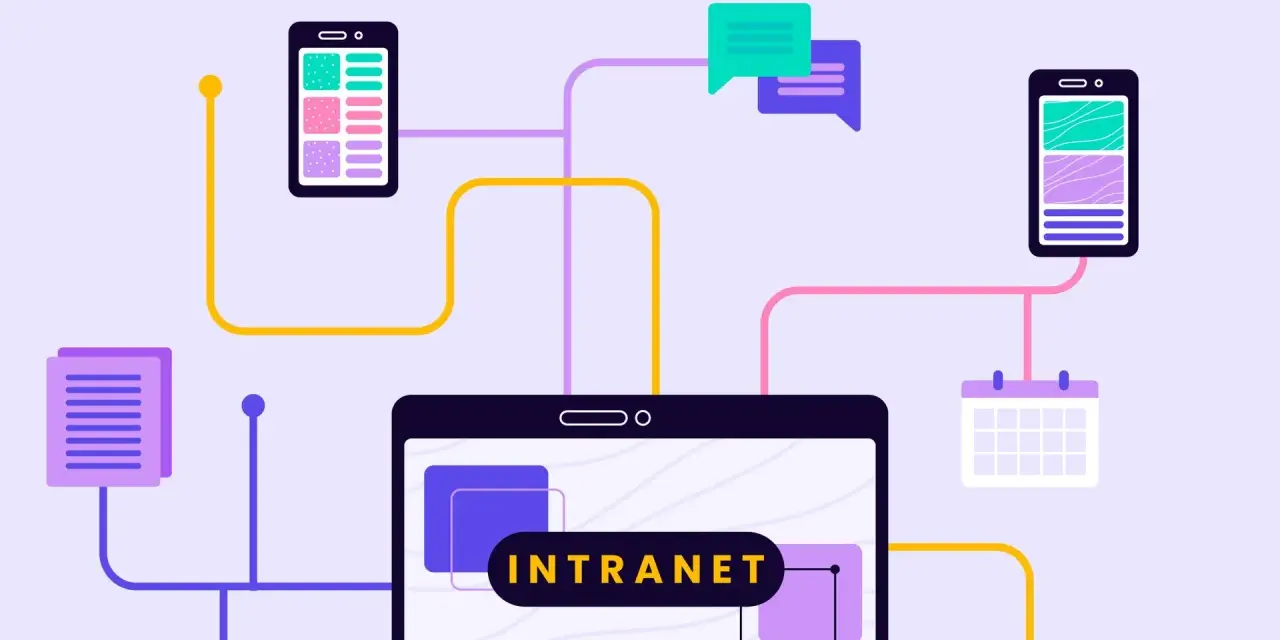 Ein Tablet zeigt "INTRANET". Smartphones, Dokumente, Chatblasen und ein Kalender sind verbunden.