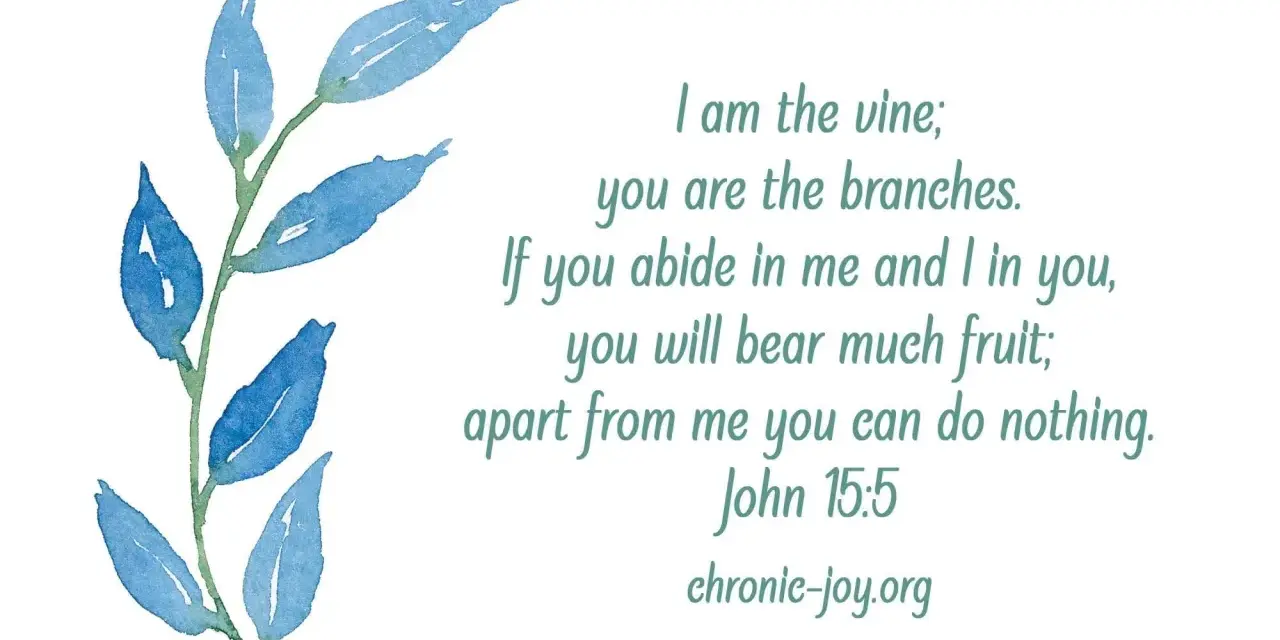 Watercolor blue leaves on a stem, with text from John 15:5: "If you abide in me and I in you, you will bear much fruit.