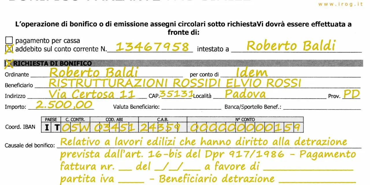 Fac simile fattura per detrazione 65: bonifico per lavori edilizi, importo 2.500,00, intestato a Roberto Baldi.
