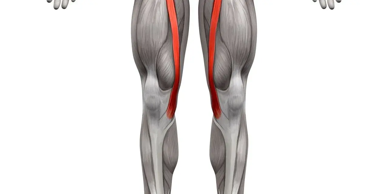 Anatomical illustration of the human leg, highlighting the sartorius muscle (mięsień krawiecki) in red.