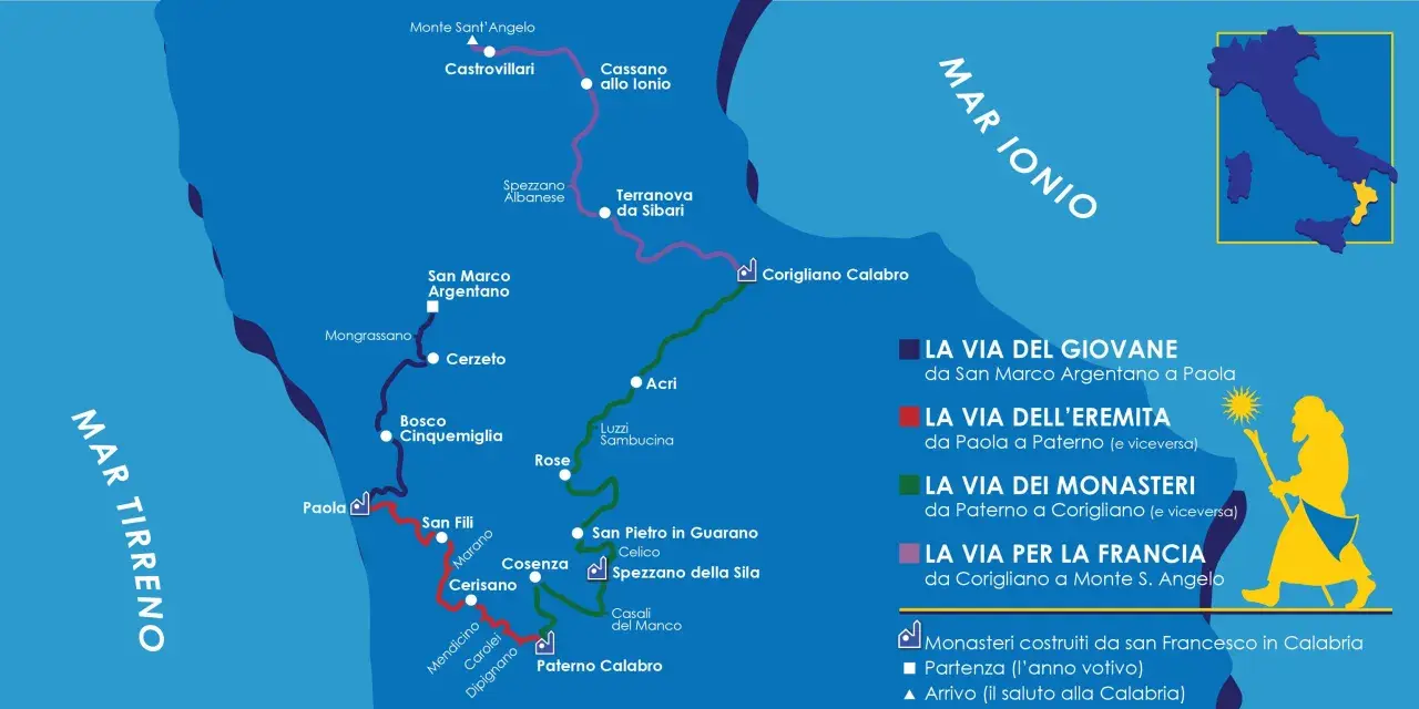 Mappa del cammino di San Francesco in Calabria, con le vie del giovane, dell'eremita, dei monasteri e per la Francia.
