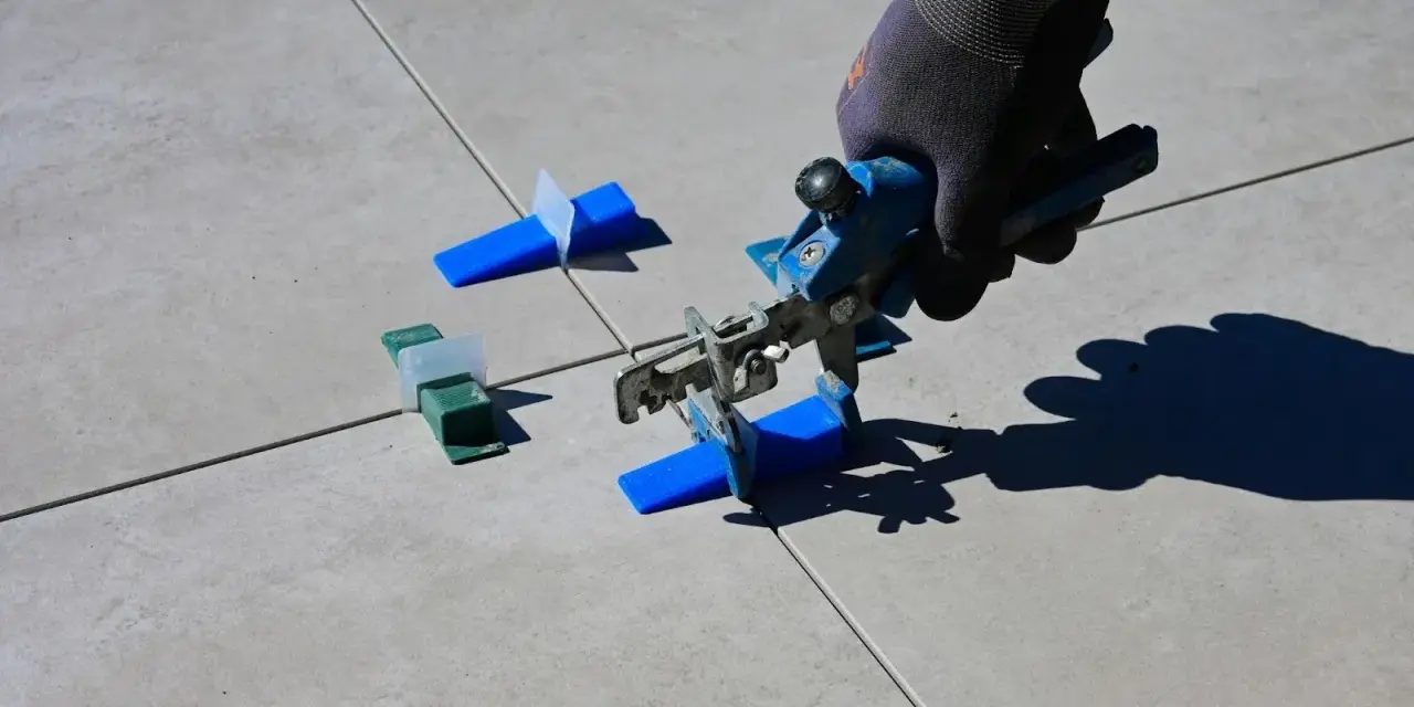 Mano con guanto usa pinza per livellare piastrelle, mostrando come tagliare piastrelle senza tagliapiastrelle con distanziatori.
