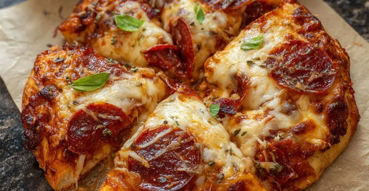 Pyszna pizza pepperoni z ciągnącym się serem, przygotowana w **air fryerze**. Idealna na szybki lunch.