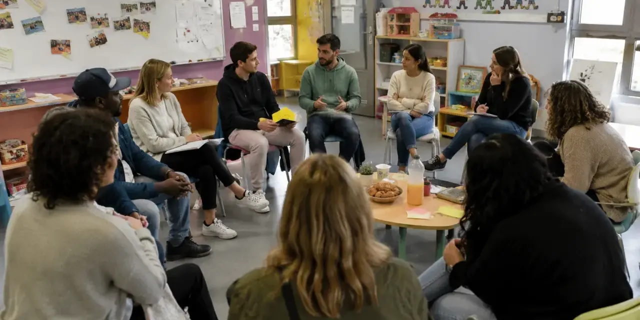 Des participants échangent lors d'une formation, peut-être des stages BAFA, dans une salle colorée.