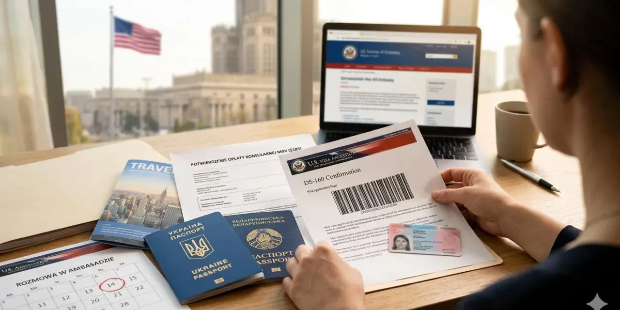 Przygotowanie do rozmowy o wizę do USA: paszporty, formularz DS-160 i kalendarz z zaznaczoną datą.