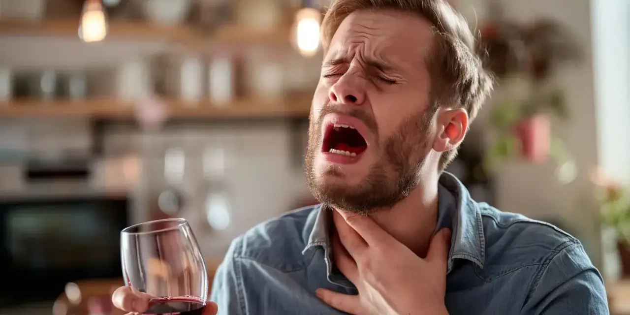 Mężczyzna z bólem gardła, trzymający kieliszek wina. Czuje nieprzyjemną zgagę po alkoholu.