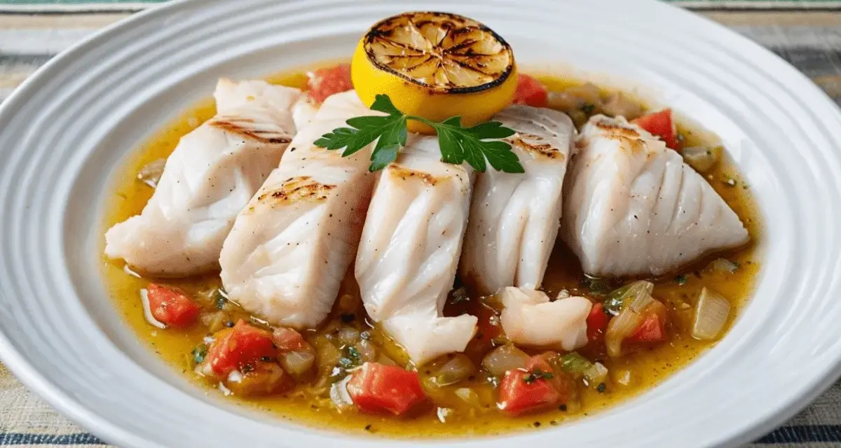 Filetes de pescado blanco, con tomate y limón asado, listos para ser disfrutados. ¡Un pez ballesta se come así de bien!
