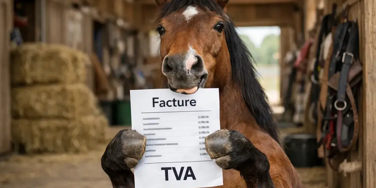 Un cheval tient une facture avec la mention "TVA". Il semble s'interroger sur la réglementation pension pour chevaux.